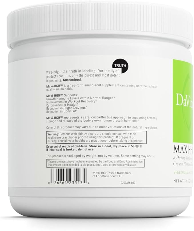 DAVINCI Labs Maxi-HGH - Amino Acid Supplement to Support Cardiovascular System, Muscle Recovery, Human Growth Hormone Release and Fat Metabolism* - Gluten-Free - Vegetarian - 328.5 g Powder