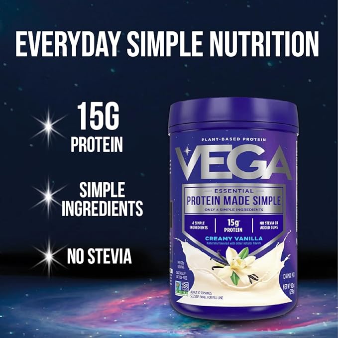 Vega Protein Made Simple Protein Powder, Vanilla - Stevia Free, Vegan, Plant Based, Healthy, Gluten Free, Pea Protein for Women and Men, 9.2 oz (Packaging May Vary) (Pack of 2)