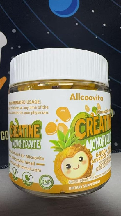 Creatine Monohydrate Chews Complex 6400mg for Men & Women -Advanced Formula W/L-Taurine + Vitamin B12, Sugar Free Chewable Supplement,60 Pineapple Softchews