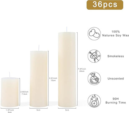 36 Pcs Pillar Candles, Unscented Ivory White Pillar Candles, Smokeless Long Burning Wax Candles for Wedding Centerpieces, Valentines Day, Fireplace, Special Occasion, 2 in by 3, 5.9, 7.8IN