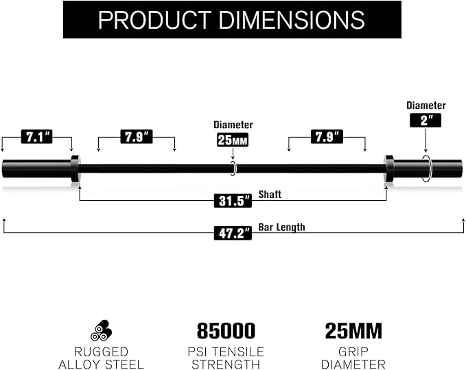RITFIT Olympic Barbell 4ft/4.8ft/6ft - 2 Inch Weight Bar for Strength Training, Weightlifting, Squat, Deadlift, Bench Press, Curl, Overhead Press - 350lbs/500lbs Capacity