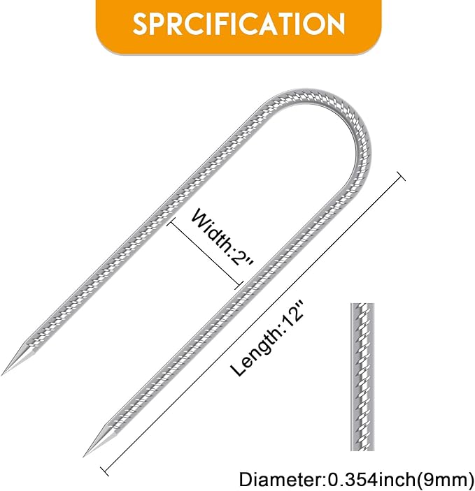 Trampoline Stakes Anchors High Wind Heavy Duty 12inch Trampoline Anchor Kit U Type Sharp Ends Safety Ground Anchor Galvanized Steel for Soccer Goals, Camping Tents (8Pcs, Silver)