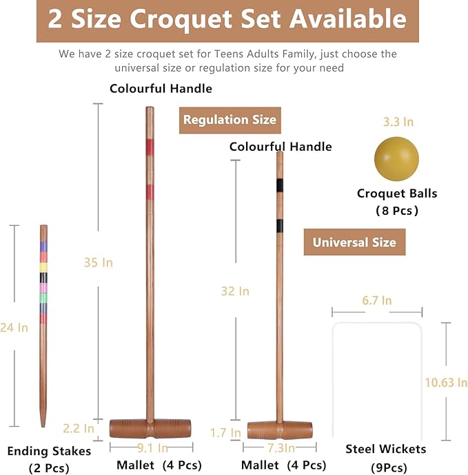 Brown Croquet Set for Adults - 8 Players Croquette Kit with 35In Deluxe, 32In Regulation Size Rubber Wood Mallets, Colored PE Ball, Wickets, End Stakes, Lawn Backyard Game for Families