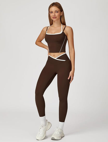 ABOCIW Workout Sets for Women 2 Piece Color Block Strappy Sports Bra High Waist Leggings Gym Yoga Pilates Outfits