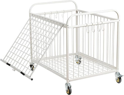 MyGift Large Capacity Metal Rolling Multi Sports Ball Cage Storage Hopper, Gym Equipment Basket Cart with Lockable Latch, Heavy Duty Caster Wheels, and 8 Accessory Hooks