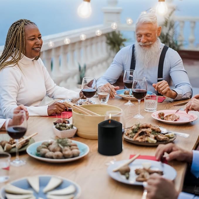 3x4 Inch Black Pillar Candles, 3 Packs Unscented Smokeless Dripless Halloween Cylinder Candles for Christmas, Wedding, Party, Home and Dinner Table, 45 Hours Burn