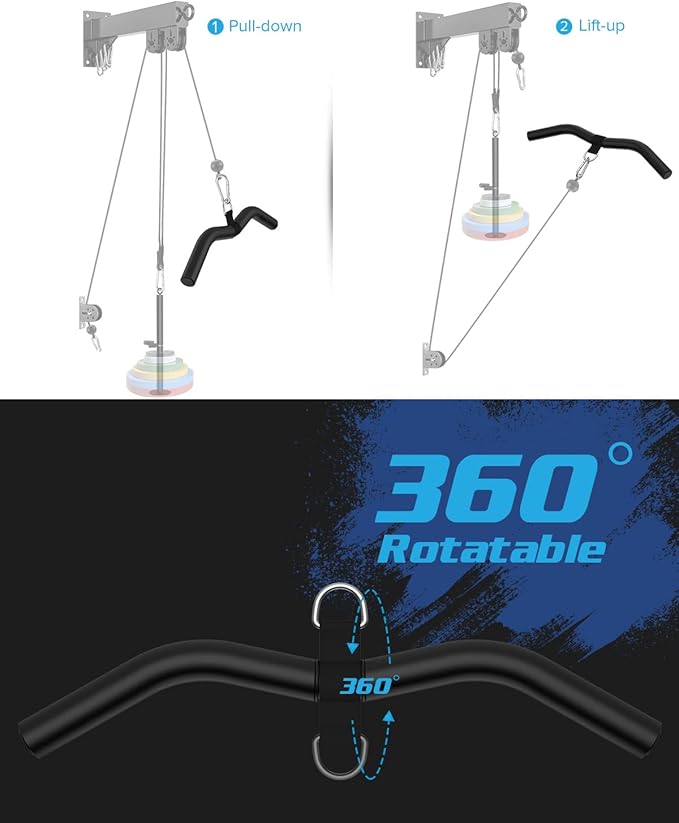 LAT Pulldown Attachments, Black Steel LAT Bar Cable Attachments Handles, Home Gym Cable Machine Accessories, Tricep Rope, Rowing LAT Pull Down Bar, Straight Bar, Double D Handles, Exercise Handles