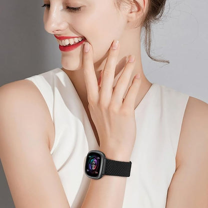 Fintie Magnetic Braided Stretchy Band Compatible with Fitbit Versa 4 3 / Sense 2 1, Soft Woven Nylon Sport Elastic Replacement Strap Wrist Bands, Black