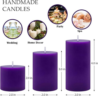 Purple Unscented Pillar Candles 3-Pack ??Dripless & Smokeless, Long-Burning Thick Candles (2",3",4" Heights) for Weddings, Home Decor & Serene Ambiance