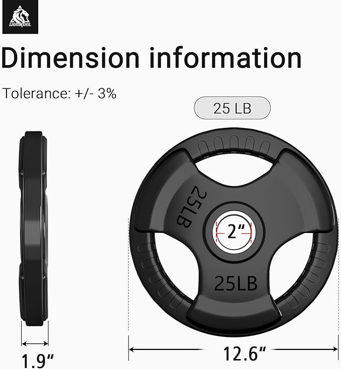 LIONSCOOL 2-Inch Rubber Olympic Grip Weight Plates for Strength Training, Weightlifting, Solid Cast Iron Plate for Barbell in Single/Pair/Set for Home & Gym (2.5-45LB), One Year Warranty