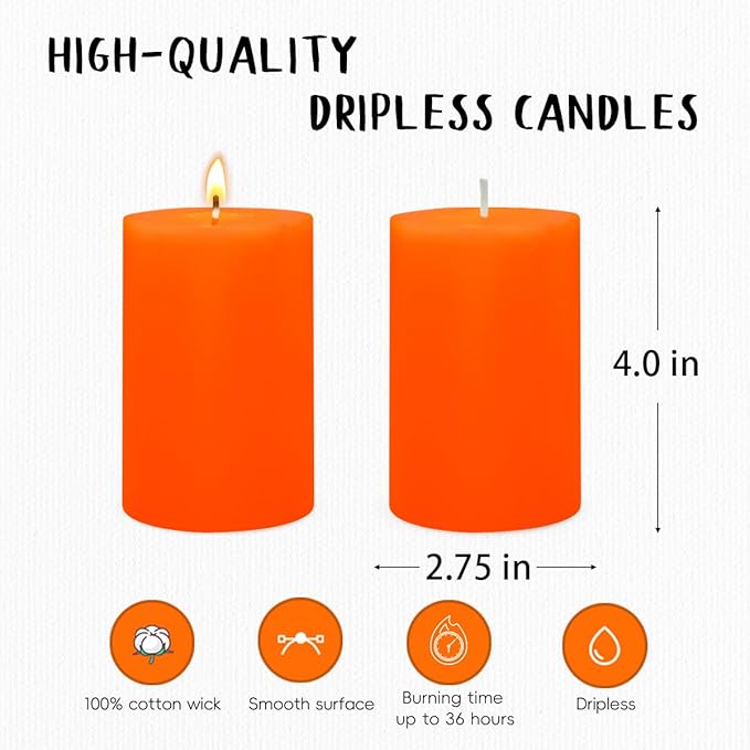 6 Packs 2.75x4 Inch Orange Pillar Candles, Unscented Dripless Cylinder Wax Fall Colored Candles for Thanksgiving Day Home Table Holiday Party Spa Decor Emergency Power Outage