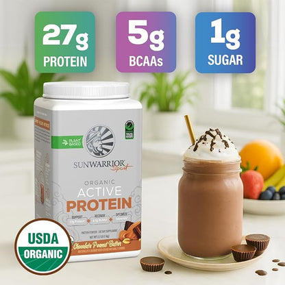 Sunwarrior Organic Plant Based Protein Powder | Vegan Organic Protein Powder with BCAAs Plus Recovery Minerals & Botanicals | Non-GMO Soy Dairy & Gluten Free (Chocolate Peanut Butter, 20 Servings)