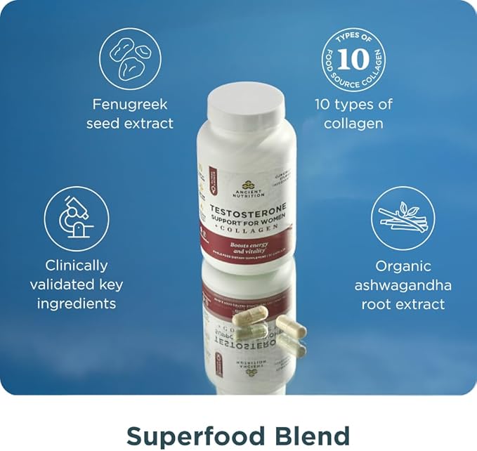 Ancient Nutrition Testosterone Support + Collagen Supplement, Hydrolyzed Collagen Peptides, Key Clinically Studied Superfoods Support Female Hormone Balance & Healthy Testosterone Levels, 90 Capsules
