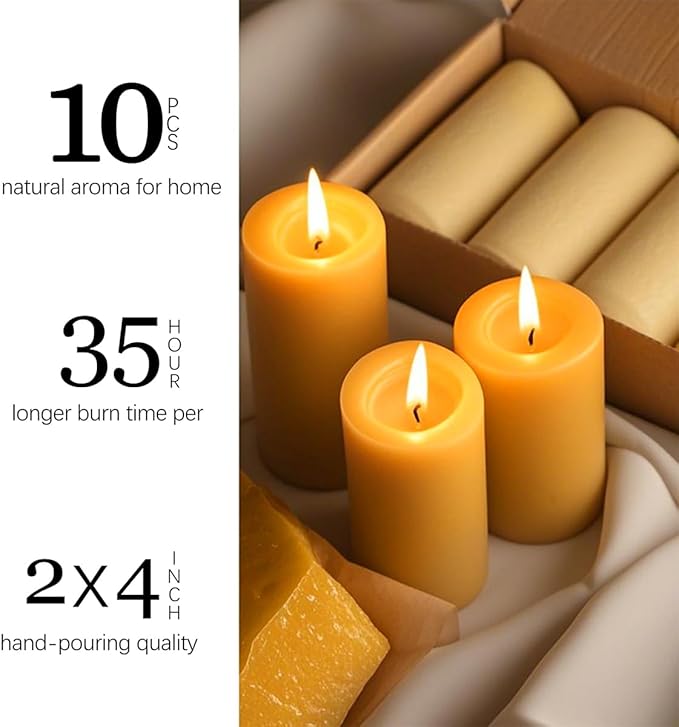 10 Packs Natural Beeswax Candles, 100% Pure Beeswax Pillar Candles for Emergency Prayer Home Decor, Bees Wax Candle for Relax, Smokeless & Dripless [2x4 inch]
