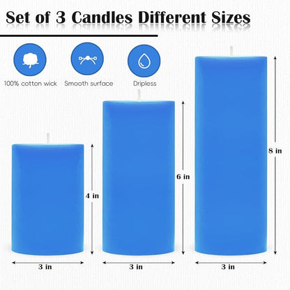3 Packs Different Size Light Blue Pillar Candles, Unscented Dripless Non-Toxic Smokeless 3x4, 3x6, 3x8 Inch Colored Cylinder Candles for Halloween Wedding, Dinner Table, Party, Power Outage, Emergency