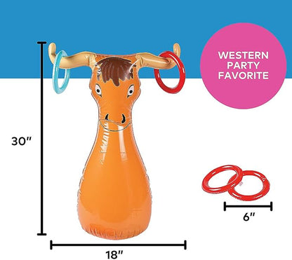 Fun Express Inflatable Bull Ring Toss Game - Premium Outdoor Games for Kids Ages 4-8 & Family | Western Carnival Party Games with 6 Rings - Backyard Lawn Games for Birthday Parties