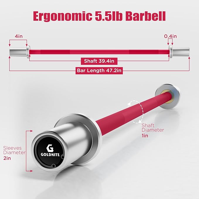 5.5LB Mini Barbell Bar 4Ft for Beginners Women & Kids-100LB Capacity Lightweight Weightlifting Bar- Multi-Color for 2-Inch Weight Plates Total Body Workout Strength Training Home Gym