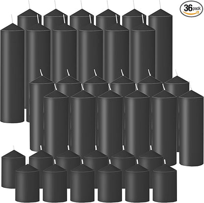 36 Pcs Black Pillar Candles Bulk Set，Hurricane Candlesï¼? Different Lengths (6 Each)，Dripless Unscented Smokeless，Gives You a Better Atmosphere When Organizing Wedding or Event Party.