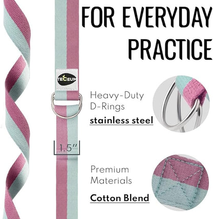 TECEUM Yoga Strap & Mat Strap – 2 IN 1 – Cotton – 6 ft 8 ft 10 ft (30+ colors) – Adjustable Non-Slip Belt for Yoga, Pilates, Stretching, Physical Therapy, Fitness & Home Workout – For Carrying Mats