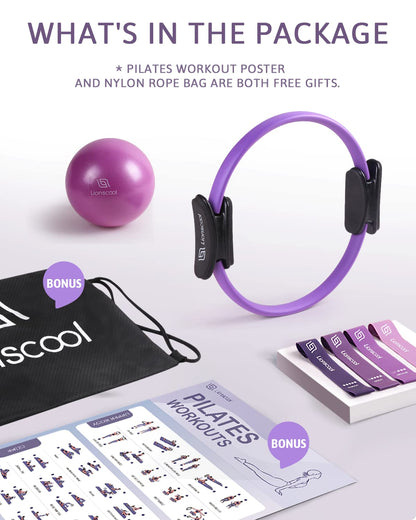 LIONSCOOL Pilates Ring Set 14" Magic Circle, 9" Mini Ball, Resistance Bands