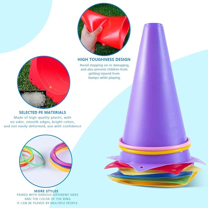 OBTANIM 26 Pcs Plastic Colorful Cones Ring Toss Combo Set Outdoor Carnival Games for Kids Adults Birthday Party Throwing Backyard Games
