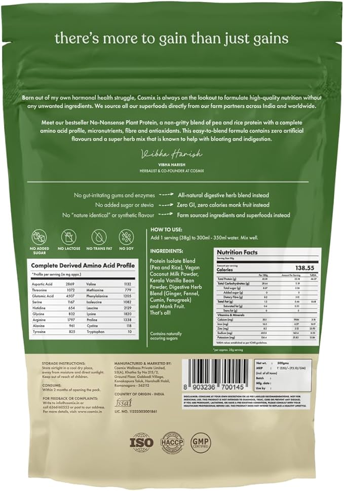 No Nonsense Plant Protein, Organic Brown Rice & Pea Isolate, Easy Digestion, 24G Protein/Serving, Gluten & Lactose Free Real Kerala Vanilla Bean 500 G (Pack of 1)