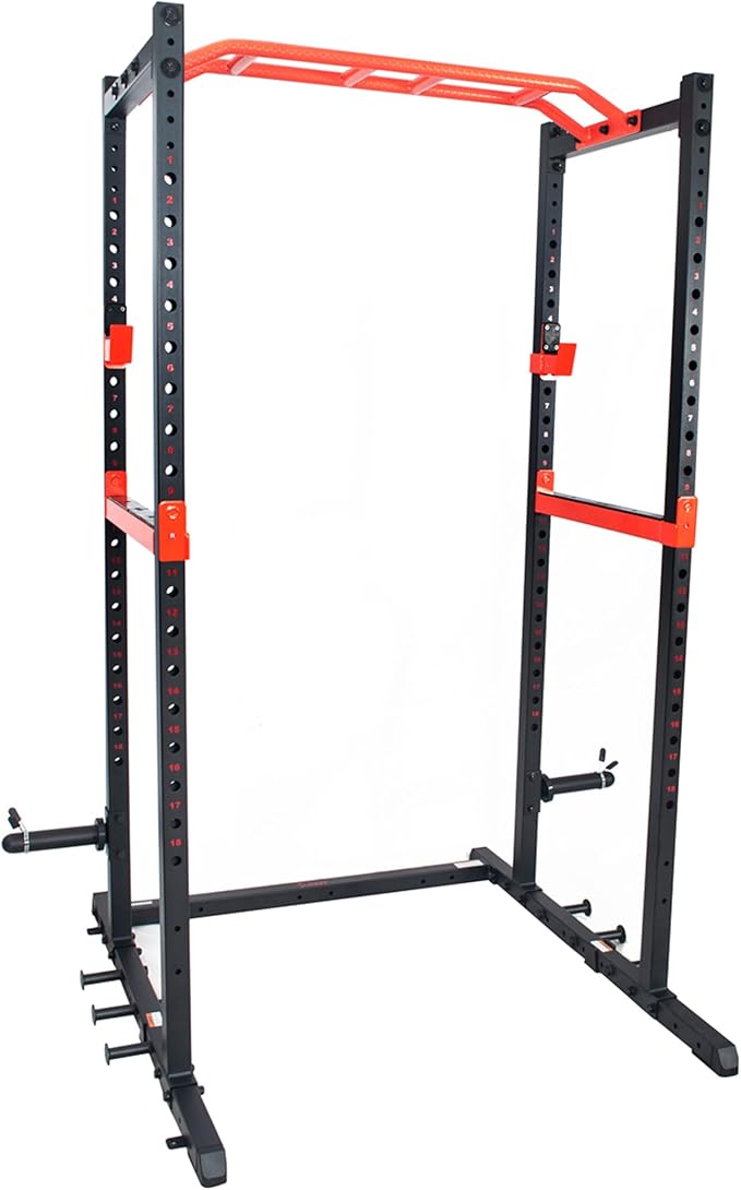 Sunny Health & Fitness Power Zone Strength Rack Power Cage - 1000 LB Weight Capacity, Spotter Bar, Angled Pull-Up Bar, J-Hooks, Resistance Band Pins, Optional LAT Pull Down