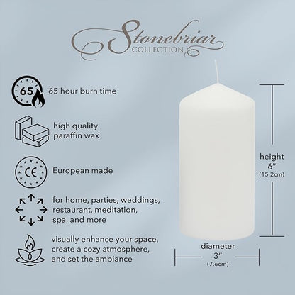 Stonebriar 3 Pack Tall 3 x 6 Inch 65 Hour Long Burning Unscented White Wax Pillar Candles