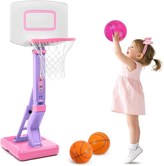 SUPER JOY Toddler Pink Basketball Hoop for Kids 1-3,2-4 5 Years Old, Adjustable Mini Hoop Set for Indoor Outdoor Play, Portable Basketball Goal Sports Toys for Little Boys Girls Birthday Gifts