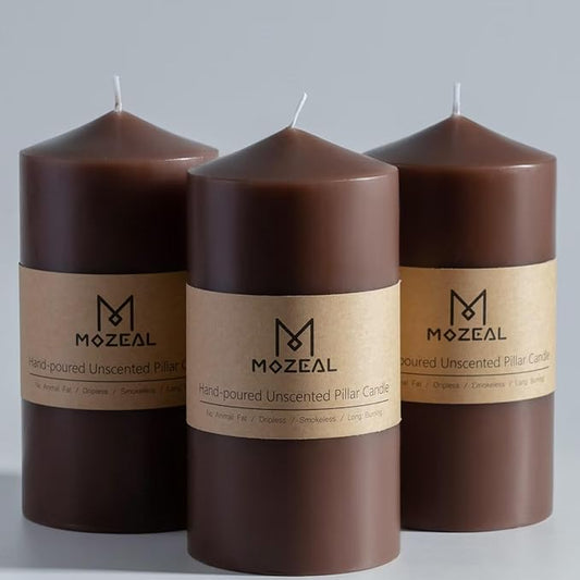 MOZEAL 3" x 6" Hand-Poured Unscented Brown Pillar Candles,Dripless Candles Set of 3,Long Lasting Burning,Approx 100 Hours Burn Time for Wedding,Dinner,Christmas and Home Decor