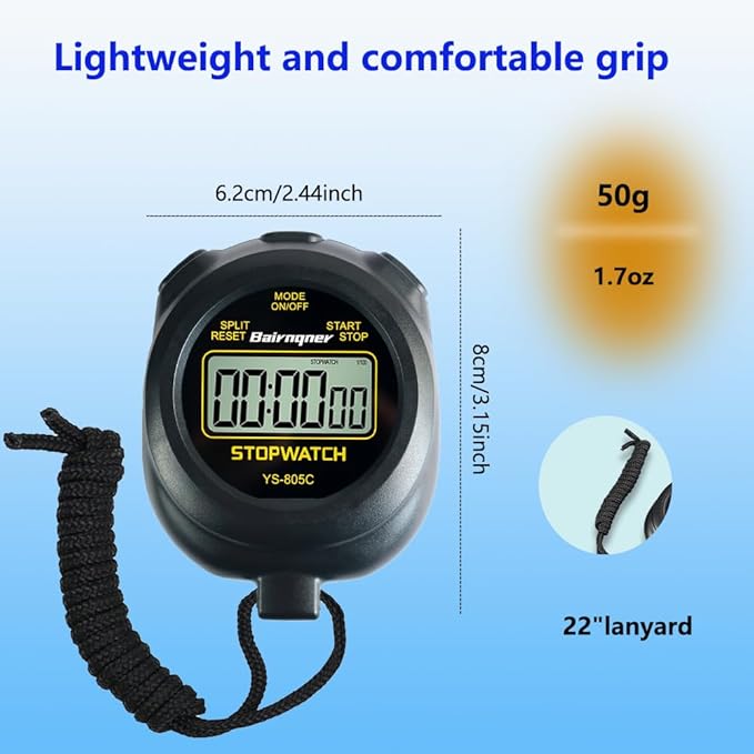 Stopwatch Timer with Countdown, ON/Off Simple Operation No Clock No Date, Digital Stop Watch for Sports, Black