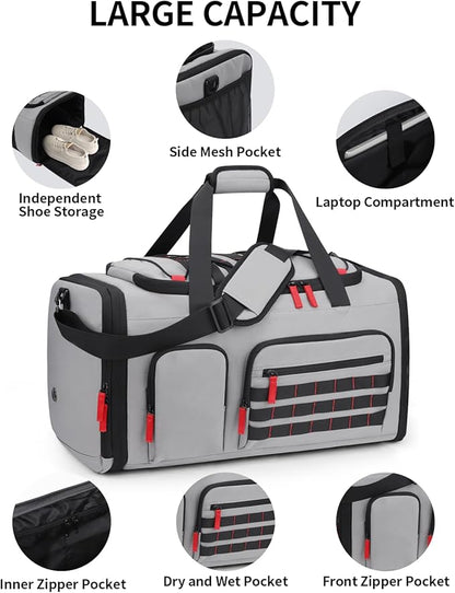 Gym Bags for Men Women, 45L Sports Travel Duffle Bag with Shoe Compartment, 3 in 1 Weekener Overnight Backpack with Wet Pocket, Grey