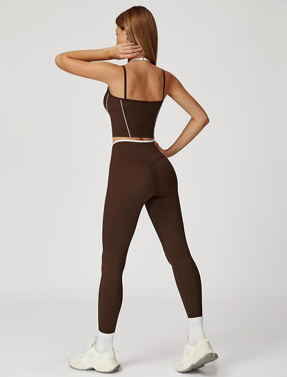 ABOCIW Workout Sets for Women 2 Piece Color Block Strappy Sports Bra High Waist Leggings Gym Yoga Pilates Outfits