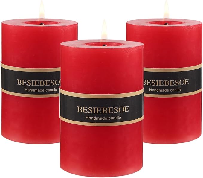 3 x 4 Red Pillar Candles Set of 3 Unscented Handpoured Weddings, Home Decoration, Restaurants, Spa, Church Smokeless Cotton Wick
