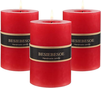 3 x 4 Red Pillar Candles Set of 3 Unscented Handpoured Weddings, Home Decoration, Restaurants, Spa, Church Smokeless Cotton Wick