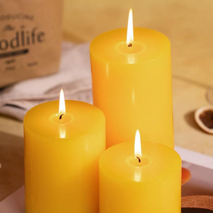KONNI Yellow Pillar Candles Set of 3, 3"x 4" Unscented Pillar Candles Bulk, 39 Hours Long Burning Candles, Smokeless&Dripless Large Round Candle for Wedding, Home Decoration, Parties, Spas, Dinner