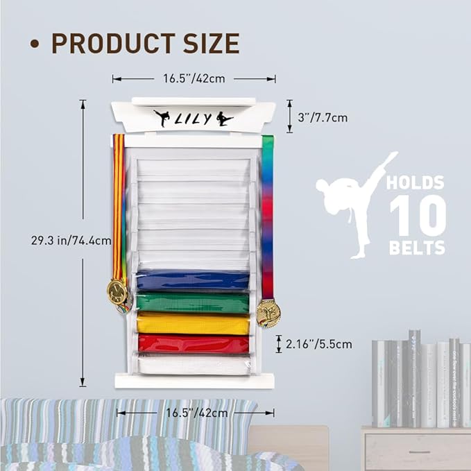 Tilhumt 12/10 Belts Karate Belt Display Rack with Stickers, Taekwondo Belt Display with Trophy/Photo Rack, Felt Dustproof Design, Easy to Put in Belt, Martial Arts Belt Display for Adults