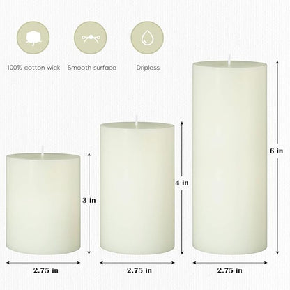 Set of 3 Different Size Ivory Pillar Candles, Unscented Dripless 2.75x3, 2.75x4, 2.75x6 Inch Long Lasting Cylinder Wax Candles for Home Power Outage Dinner Table Decoration