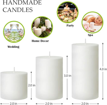 White Unscented Pillar Candles 3-Pack ??Dripless & Smokeless, Long-Burning Thick Candles (2",3",4" Heights) for Weddings, Home Decor & Serene Ambiance