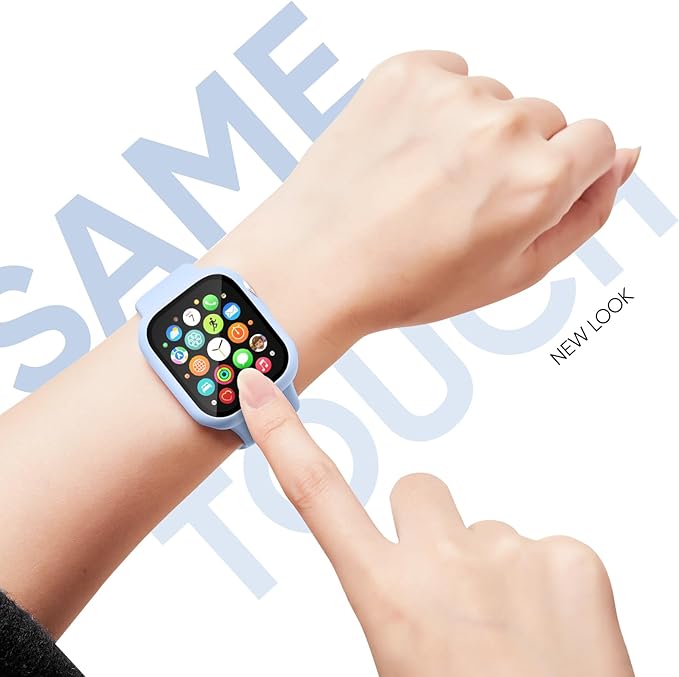 Compatible for Apple Watch Band 44mm 45mm and Case with Screen Protector, Soft Silicone Sport Strap Bands and Protective Cover with Tempered Glass for iWatch Series 9 8 7 SE 6 5 4