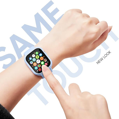 Compatible for Apple Watch Band 44mm 45mm and Case with Screen Protector, Soft Silicone Sport Strap Bands and Protective Cover with Tempered Glass for iWatch Series 9 8 7 SE 6 5 4