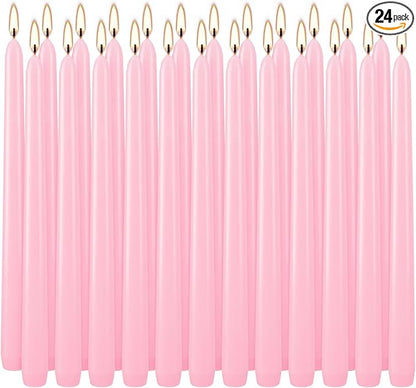 24 Pack Pink Taper Candles, 7-8 Hours Burn Time, Unscented, Smokeless and Dripless, 0.75 x 10 Inch Dinner Candle Set for Household, Wedding, Party and Home Décor Candlesticks