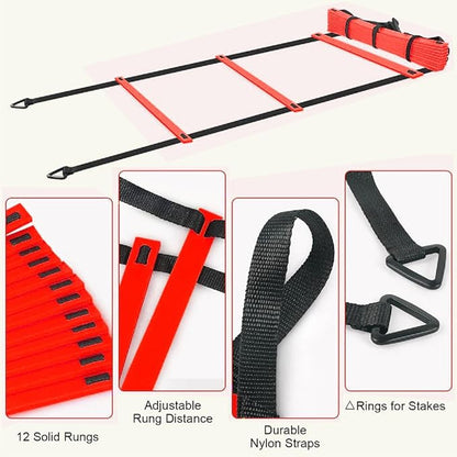 Speed Training Equipment Set, 12 rungs Agility Ladder, 12 Soccer Cones, Jump Rope, Running Parachute, Resistance Bands, Basketball Football Soccer Training Equipment for Kids Youth Adults.