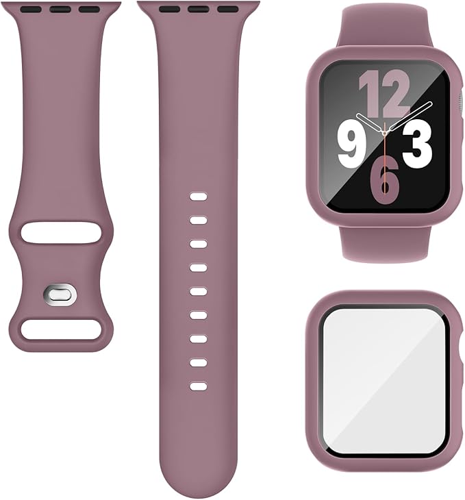 Compatible for Apple Watch Band 44mm 45mm and Case with Screen Protector, Soft Silicone Sport Strap Bands and Protective Cover with Tempered Glass for iWatch Series 9 8 7 SE 6 5 4