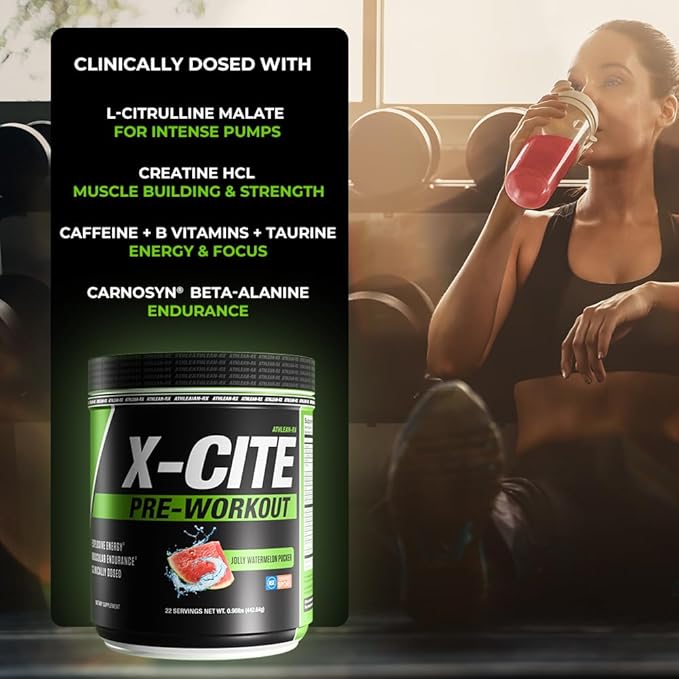 ATHLEAN-X X-CITE Pre-Workout Supplement - Boost Energy, Endurance, and Focus with Natural Ingredients - Jolly Watermelon Pucker