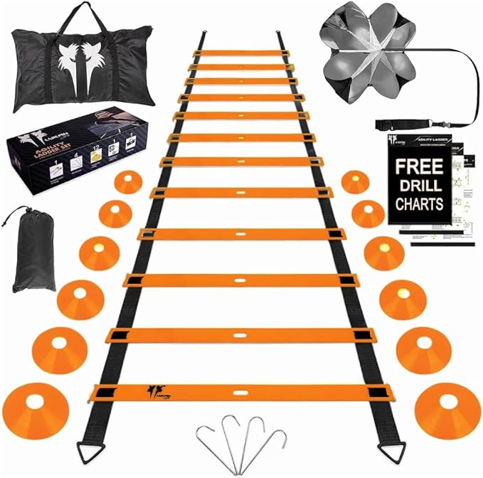 20ft Sports Agility Ladder for Men Women and Kids, Speed Youth Soccer Agility Training Equipment for Football, Exercise, Tennis, Legs Workout with Speed Parachute, Cones and Carry Bag