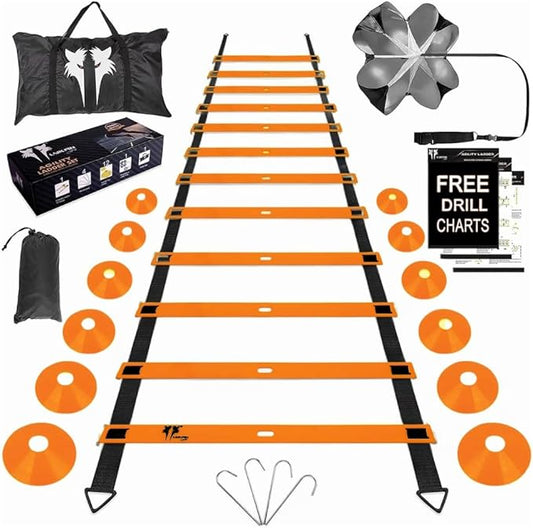 20ft Sports Agility Ladder for Men Women and Kids, Speed Youth Soccer Agility Training Equipment for Football, Exercise, Tennis, Legs Workout with Speed Parachute, Cones and Carry Bag