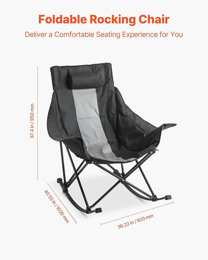VEVOR Rocking Camping Chair, Portable Folding Rocker, Heavy-Duty Lawn Chair Recliner with Cupholder & Pocket, Supports 225lbs, Fully Padded Camp Chairs for Outdoor Patio Backyard Porch Garden