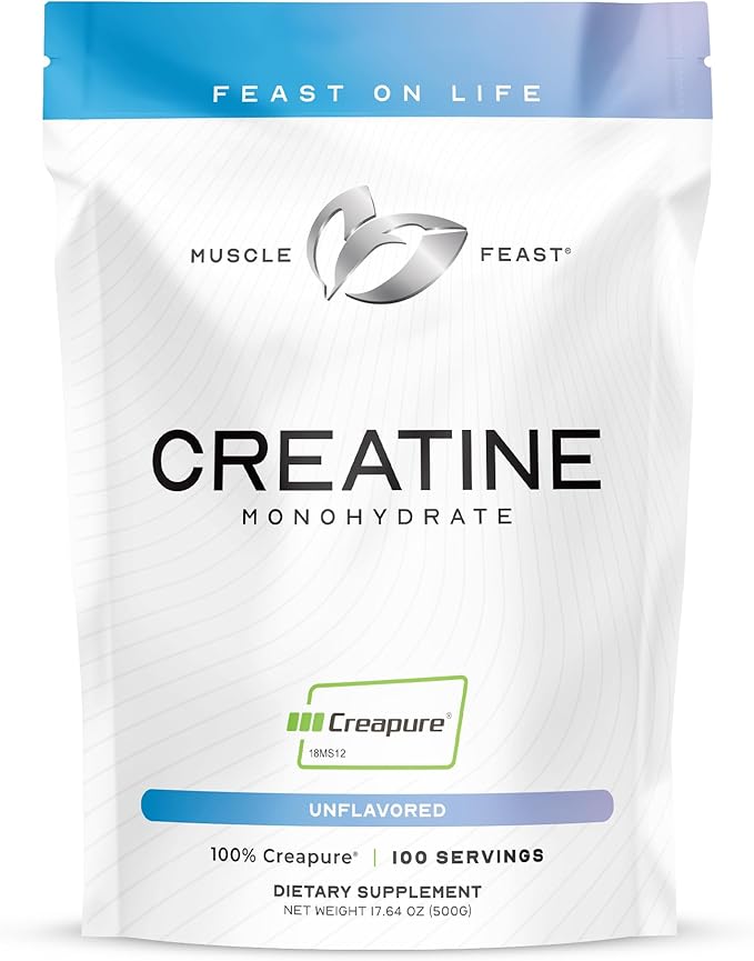 Muscle Feast Creapure Creatine Monohydrate Powder, Vegan Keto Friendly Gluten-Free, Mass Gainer, Muscle Recovery Supplement and Trusted Creatine for Muscle Growth, Creatine Powder, Unflavored, 500g