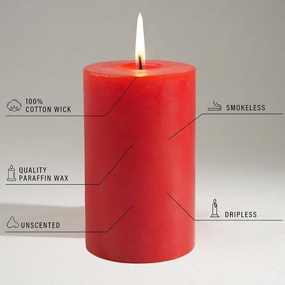 Red Pillar Candles - 6 Packs, 2.8x4 Inch, Unscented Pillar Candles Bulk, 56 Hours Long Burning Candles, Dripless & Smokeless Large Red Candles for Holiday Decor, Fireplace, Christmas,Advent